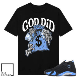 Jordan 14 Black University Blue Sneaker Match Tees Black God Did Angels