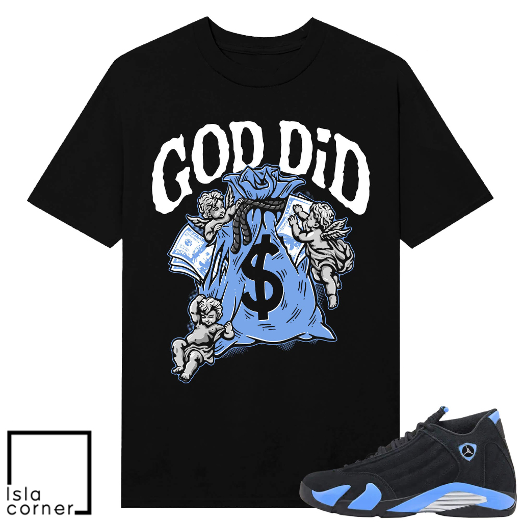 Jordan 14 Black University Blue Sneaker Match Tees Black God Did Angels Jordan 14 Black University Blue Sneaker Match Tees Black God Did Angels