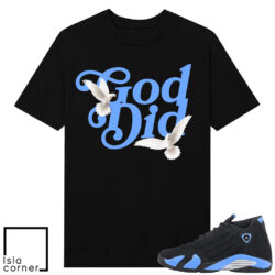 Jordan 14 Black University Blue Sneaker Match Tees Black God Did Doves