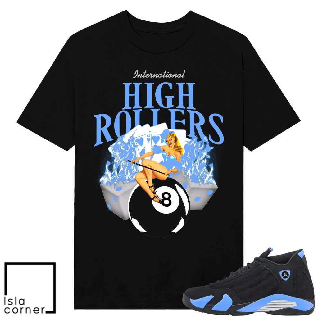 Jordan 14 Black University Blue Sneaker Match Tees Black High Rollers Jordan 14 Black University Blue Sneaker Match Tees Black High Rollers