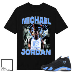 Jordan 14 Black University Blue Sneaker Match Tees Black MJ UNC Tribute