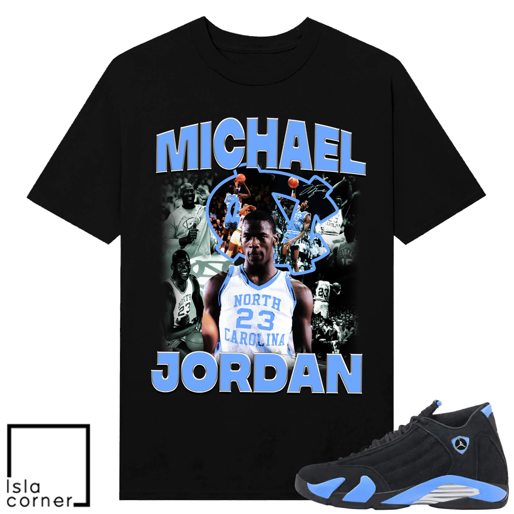 Jordan 14 Black University Blue Sneaker Match Tees Black MJ UNC Tribute Jordan 14 Black University Blue Sneaker Match Tees Black MJ UNC Tribute