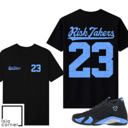 Jordan 14 Black University Blue Sneaker Match Tees Black Risktakers 23