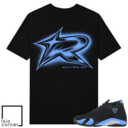 Jordan 14 Black University Blue Sneaker Match Tees Black Risktakers Big R Logo