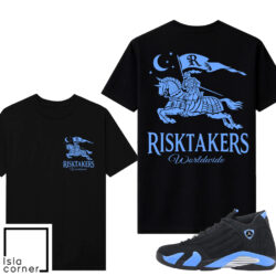 Jordan 14 Black University Blue Sneaker Match Tees Black Risktakers Knight