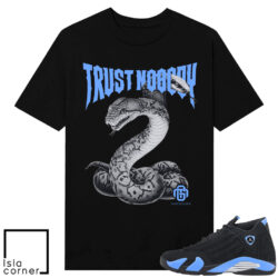 Jordan 14 Black University Blue Sneaker Match Tees Black Trust Nobody