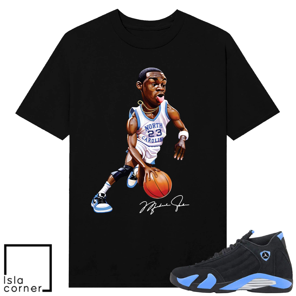 Jordan 14 Black University Blue Sneaker Match Tees Black UNC MJ Toon Jordan 14 Black University Blue Sneaker Match Tees Black UNC MJ Toon