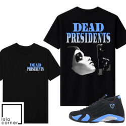 Jordan 14 Black University Blue Sneaker Match Tees Black V2 Dead Presidents