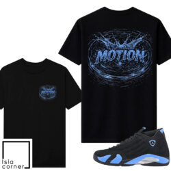 Jordan 14 Black University Blue Sneaker Match Tees Black V2 Motion