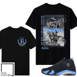 Jordan 14 Black University Blue Sneaker Match Tees Black V2 Rebel