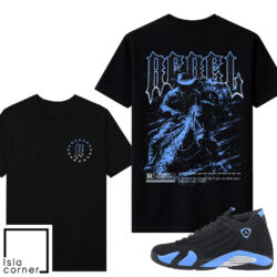Jordan 14 Black University Blue Sneaker Match Tees Black V2 Rebel Outlaw