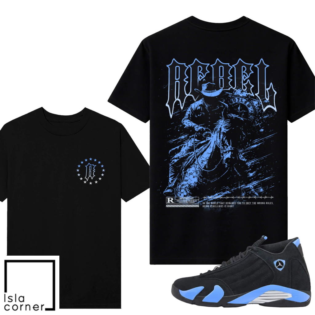 Jordan 14 Black University Blue Sneaker Match Tees Black V2 Rebel Outlaw Jordan 14 Black University Blue Sneaker Match Tees Black V2 Rebel Outlaw