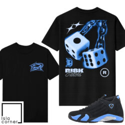 Jordan 14 Black University Blue Sneaker Match Tees Black V2 Risktakers Dice