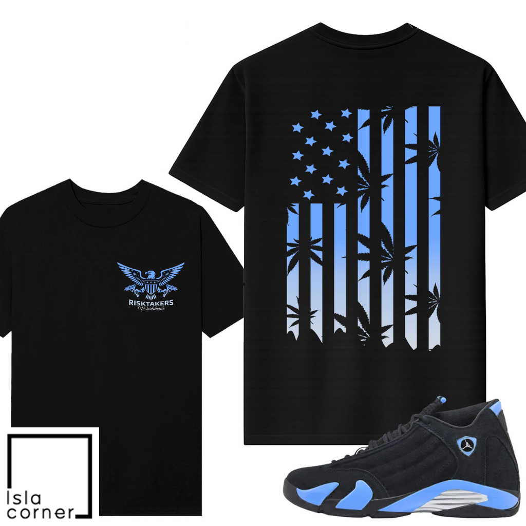 Jordan 14 Black University Blue Sneaker Match Tees Black V2 Risktakers Kush Flag Jordan 14 Black University Blue Sneaker Match Tees Black V2 Risktakers Kush Flag