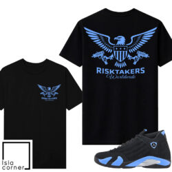 Jordan 14 Black University Blue Sneaker Match Tees Black V2 Risktakers Strapped Eagle