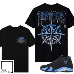 Jordan 14 Black University Blue Sneaker Match Tees Black V2 Risktakers Thorn Star
