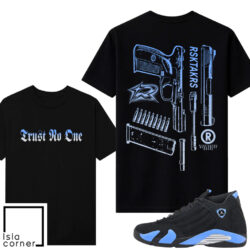 Jordan 14 Black University Blue Sneaker Match Tees Black V2 Risktakers Trust No One