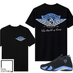 Jordan 14 Black University Blue Sneaker Match Tees Black V2 Risktakers Wings Logo
