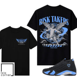 Jordan 14 Black University Blue Sneaker Match Tees Black V2 Risktakers Worldwide