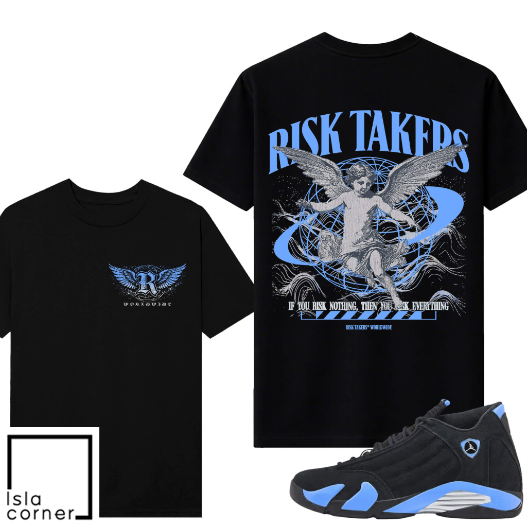 Jordan 14 Black University Blue Sneaker Match Tees Black V2 Risktakers Worldwide Jordan 14 Black University Blue Sneaker Match Tees Black V2 Risktakers Worldwide