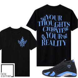 Jordan 14 Black University Blue Sneaker Match Tees Black V2 Thoughts