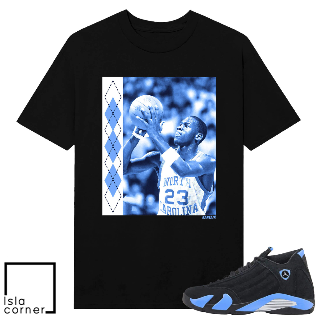 Jordan 14 Black University Blue Sneaker Match Tees Rare Air UNC MJ Jordan 14 Black University Blue Sneaker Match Tees Rare Air UNC MJ