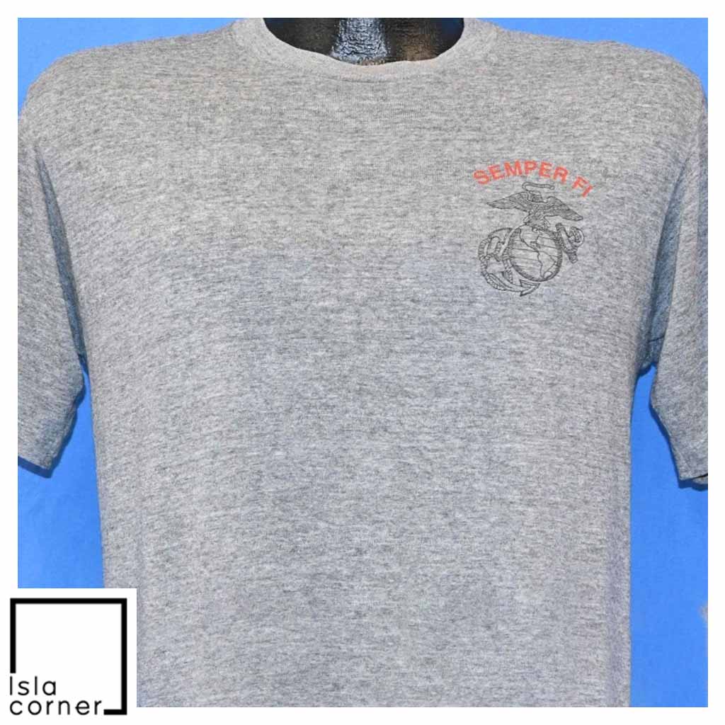 Vintage 80s US Marines Semper Fi Iwo Jima Tri Blend T Shirt Front Vintage 80s US Marines Semper Fi Iwo Jima Tri Blend T Shirt Front